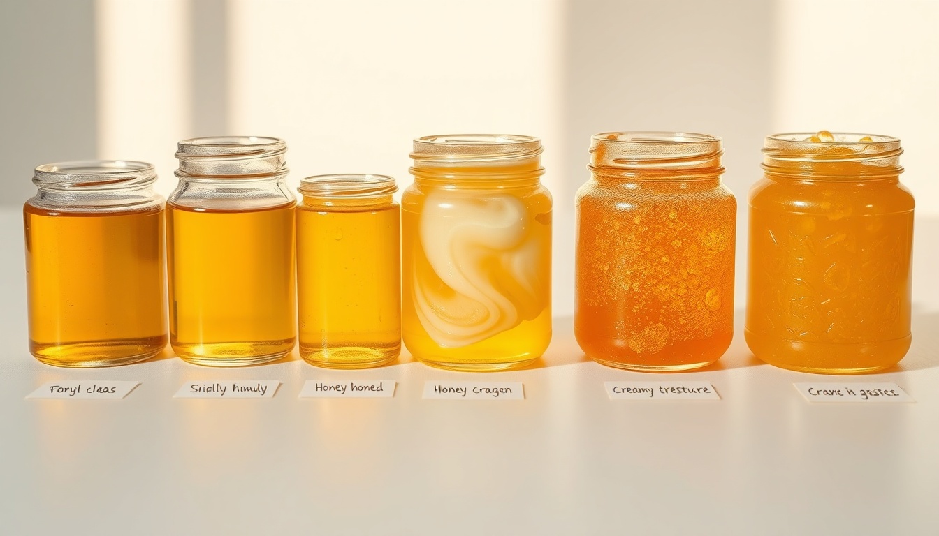 Five jars showing honey crystallization stages from liquid to fully crystallized
