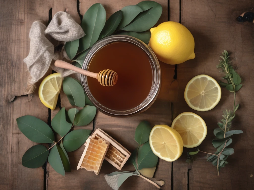Honey, lemon, and ginger on a kitchen table