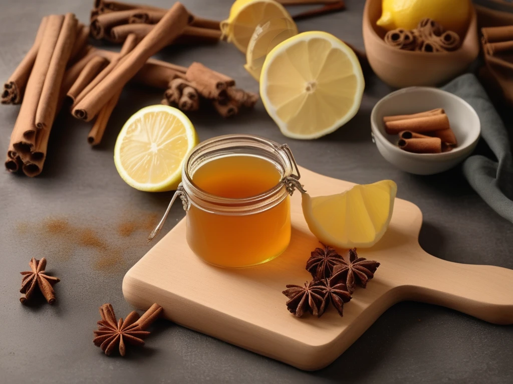 Honey, lemon and ginger on a wooden cutting board