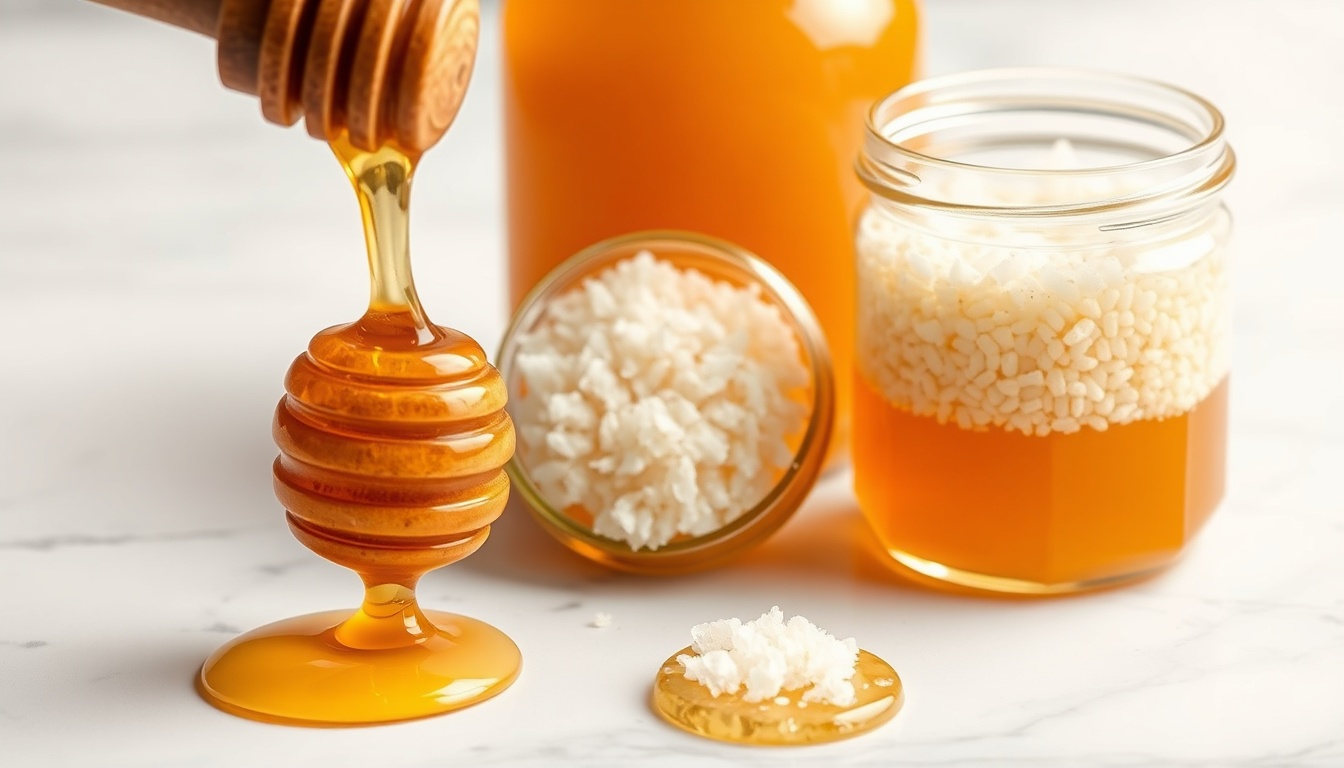 Three jars of honey in different states: clear liquid acacia honey, crystallized rapeseed honey, and creamed honey — illustrating the spectrum of crystallization controlled by the fructose/glucose ratio