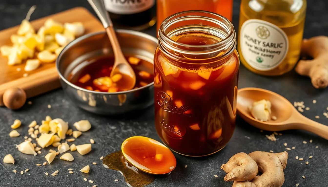 Finished honey garlic sauce in mason jar with wooden spoon showing glossy consistency, beside raw ingredients
