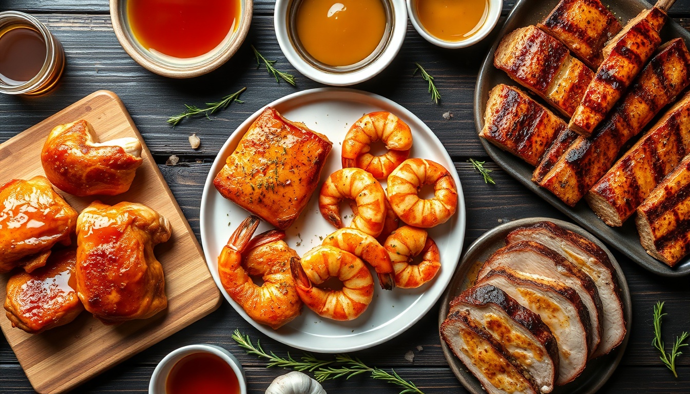 Honey-marinated chicken, salmon, shrimp, and pork tenderloin with caramelized glazes