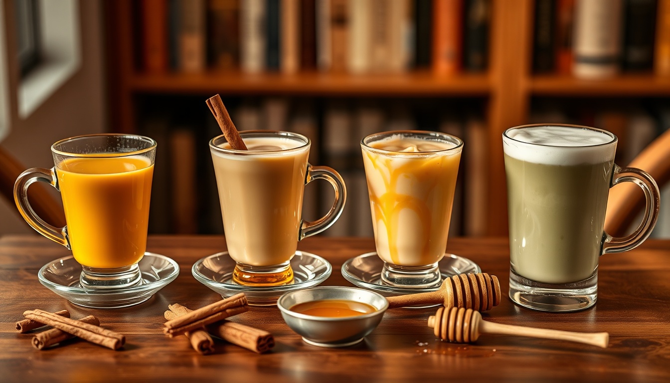 Four honey milk variations: golden turmeric milk, classic with cinnamon, iced latte, and honey matcha latte in glass cups