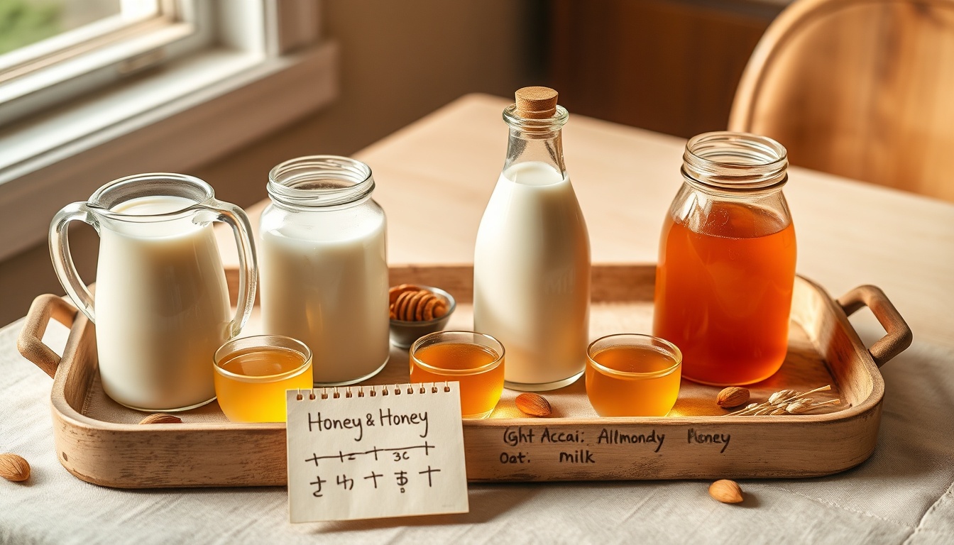 Honey and milk pairing: dairy, oat, and almond milk alongside acacia, wildflower, and buckwheat honey with tasting cups