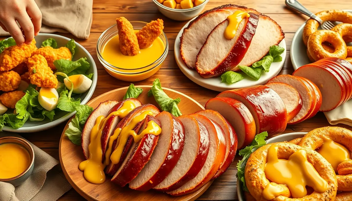 Honey mustard applications — chicken tenders dipping, salad with vinaigrette, glazed ham, and turkey sandwich
