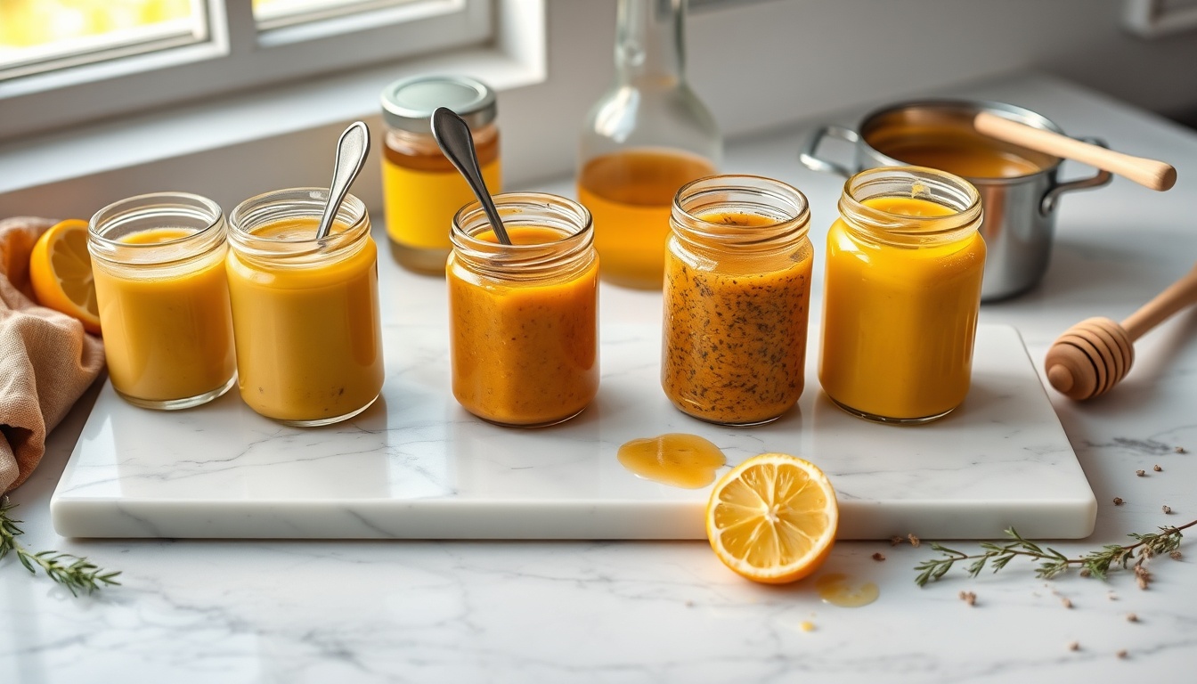 Four honey mustard recipe variations — classic dip, vinaigrette, glaze, and whole grain — with Dijon mustard and raw honey