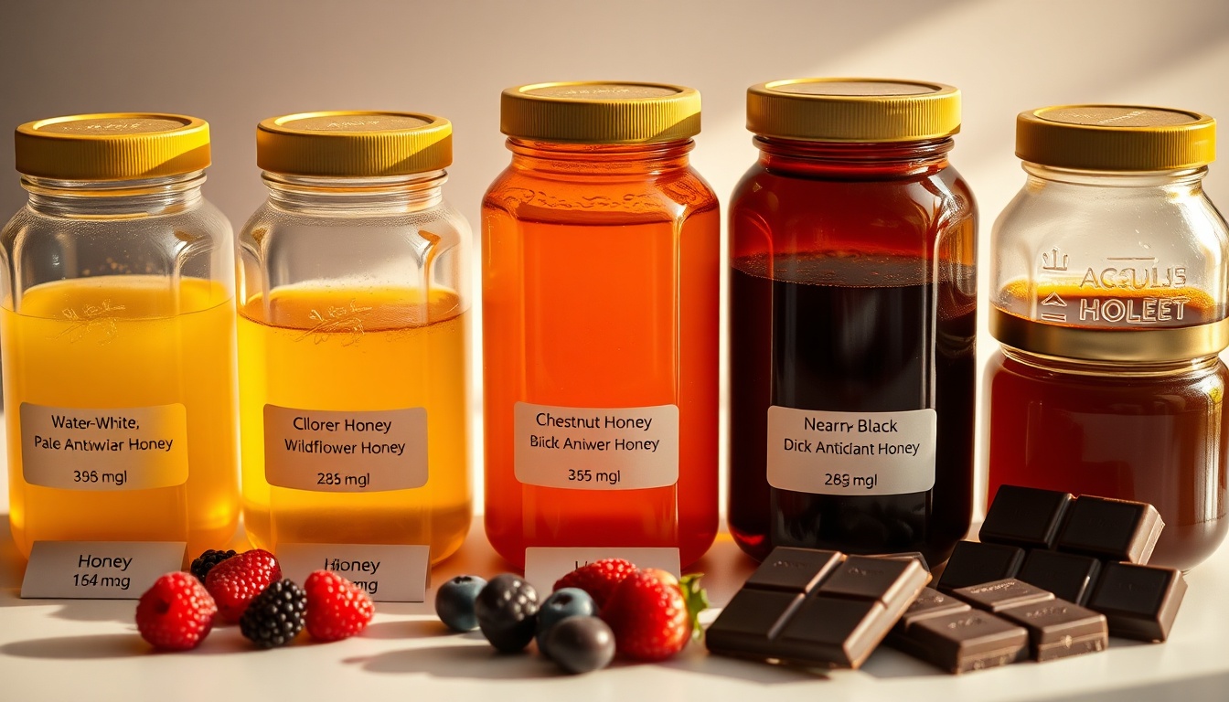 Five honey jars in color gradient from pale acacia to dark buckwheat showing antioxidant content differences