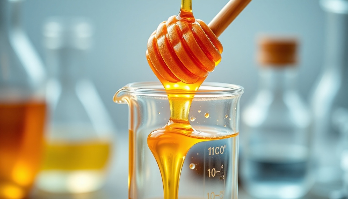Close-up of honey dripping into a glass jar, golden amber color, illustrating honey's acidic chemistry and antimicrobial properties
