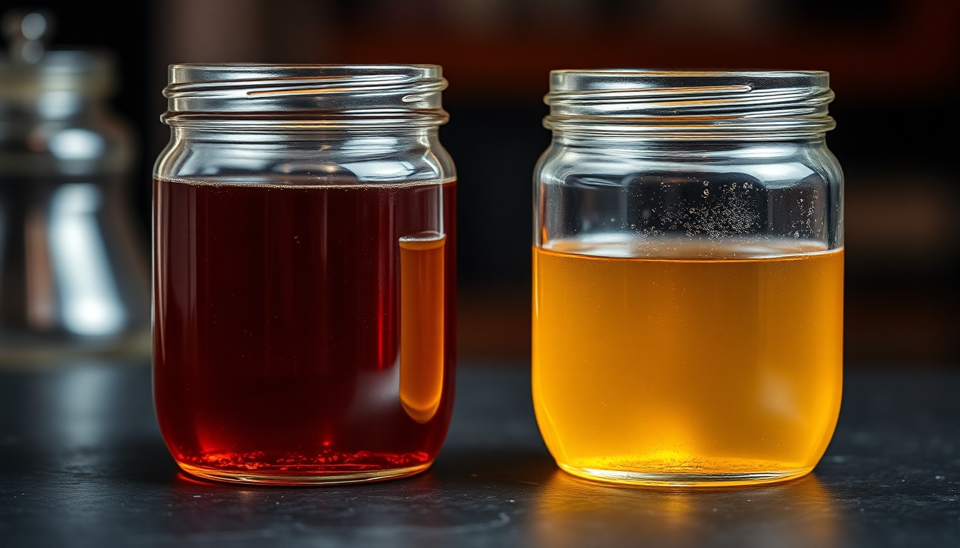 Dark amber buckwheat honey next to water-white acacia honey illustrating the phenolic spectrum