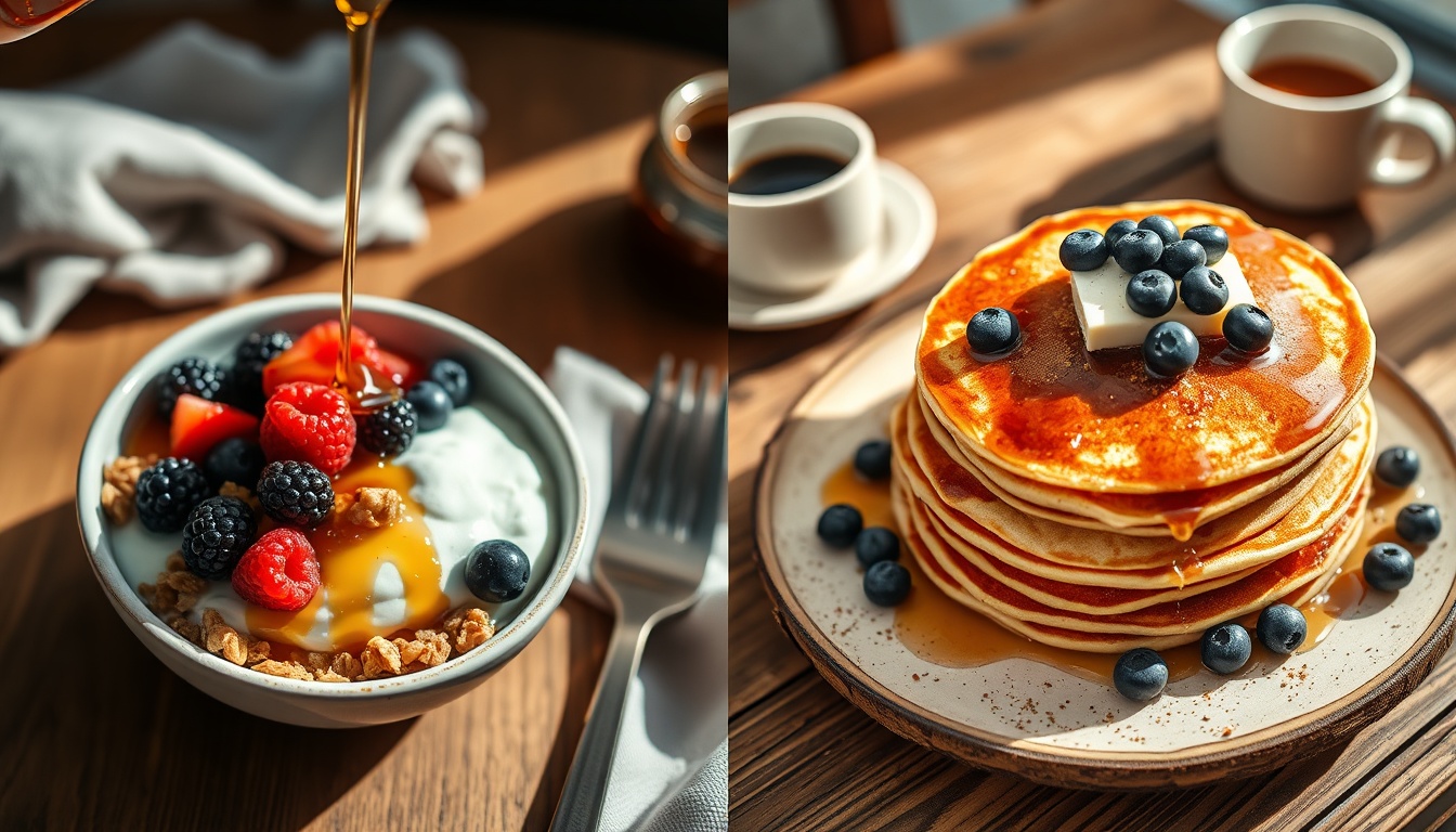 Side-by-side breakfast scenes with honey drizzled over yogurt and maple syrup poured over golden pancakes