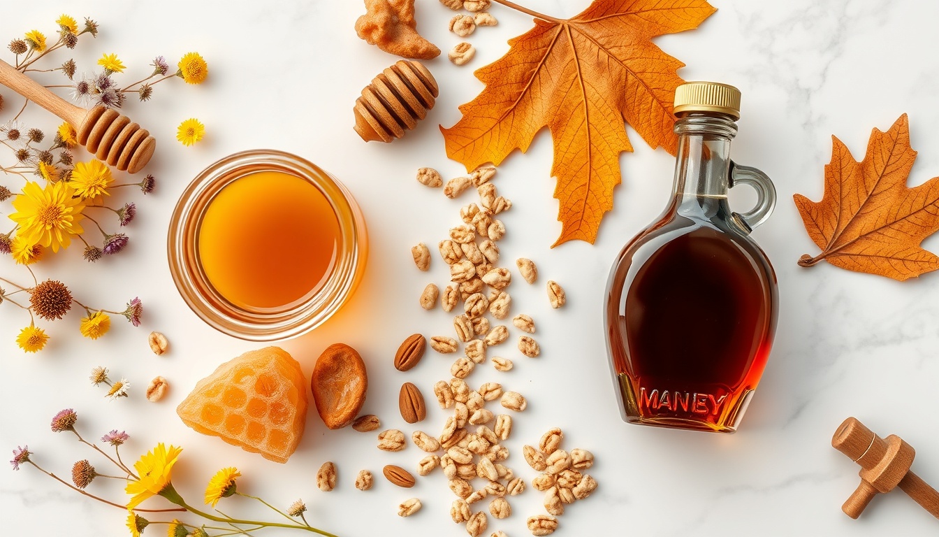 Overhead comparison of honey with wildflowers and honeycomb versus maple syrup with maple leaves and candy