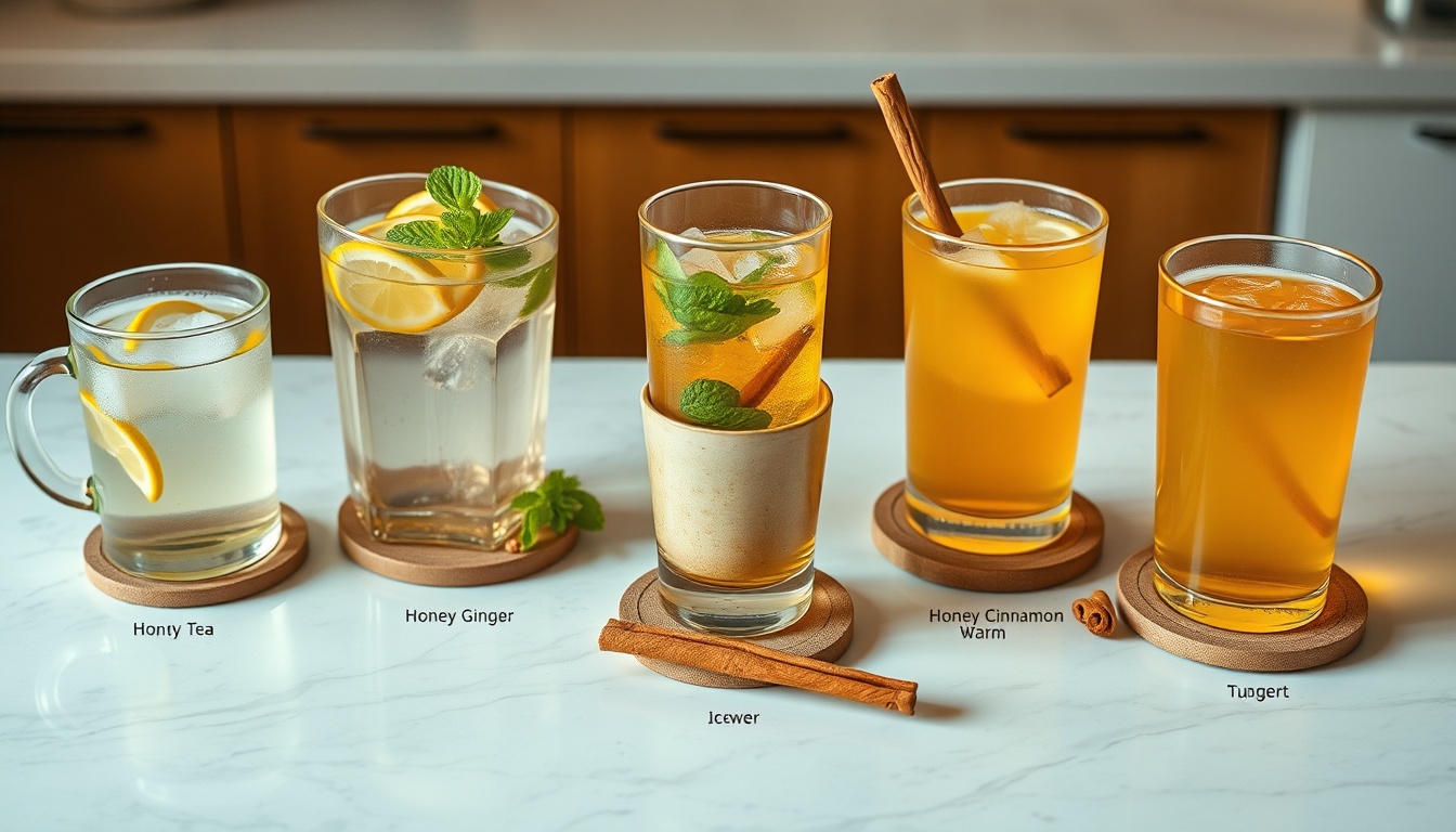 Five honey water recipe variations: classic lemon, iced mint, ginger, cinnamon, and turmeric golden water