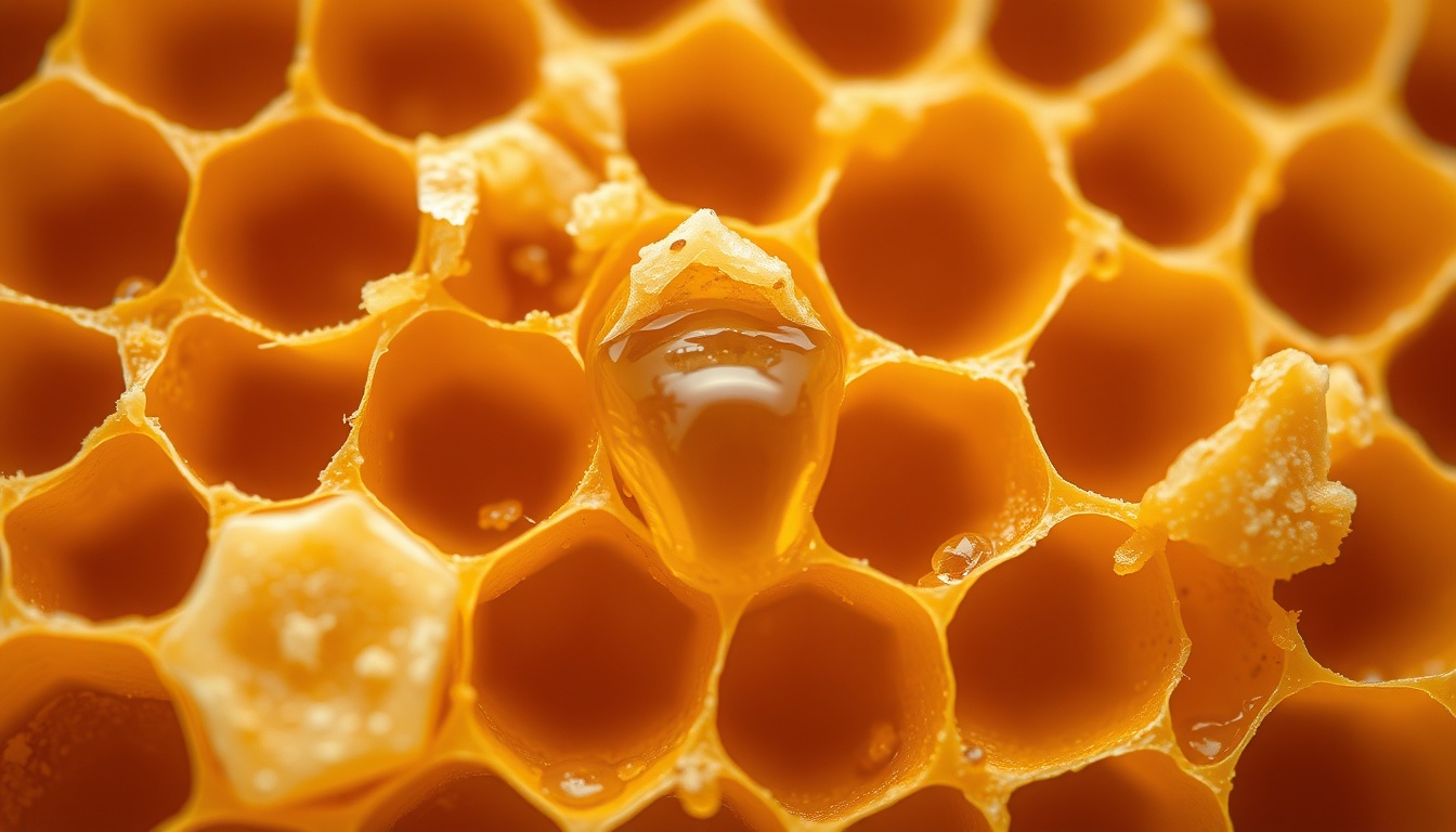 Macro close-up of natural honeycomb showing hexagonal beeswax cells with golden raw honey inside