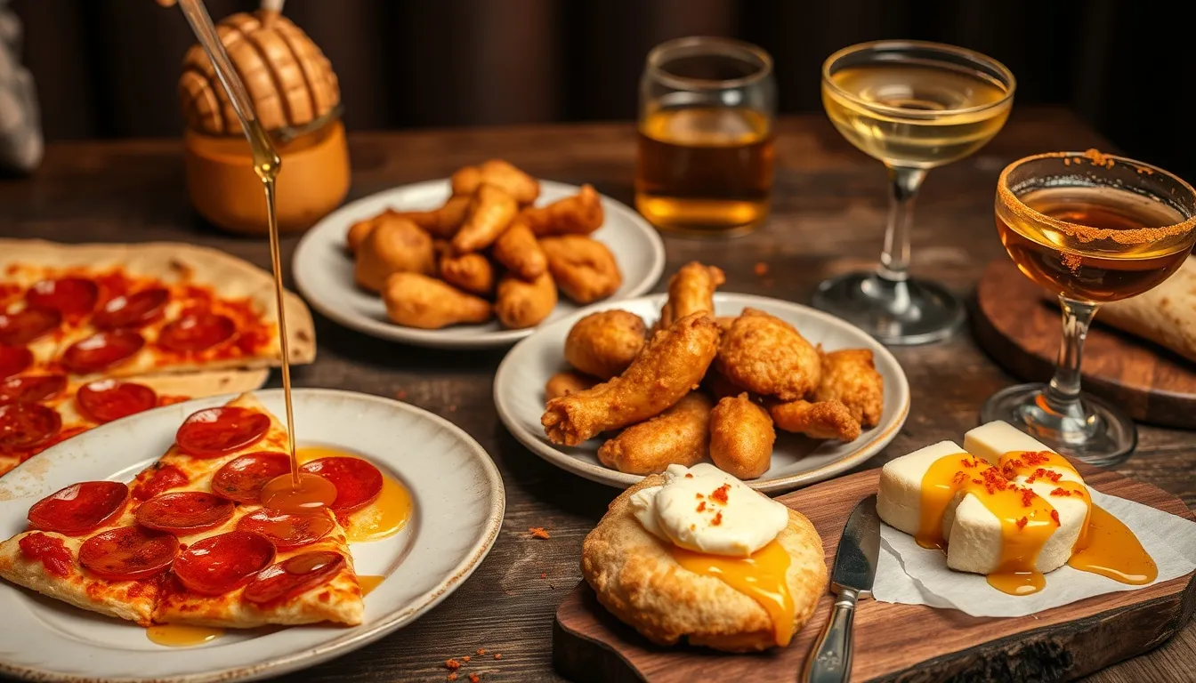 Hot honey drizzled over pepperoni pizza, fried chicken, biscuits with butter, aged cheese, and a honey-rimmed cocktail