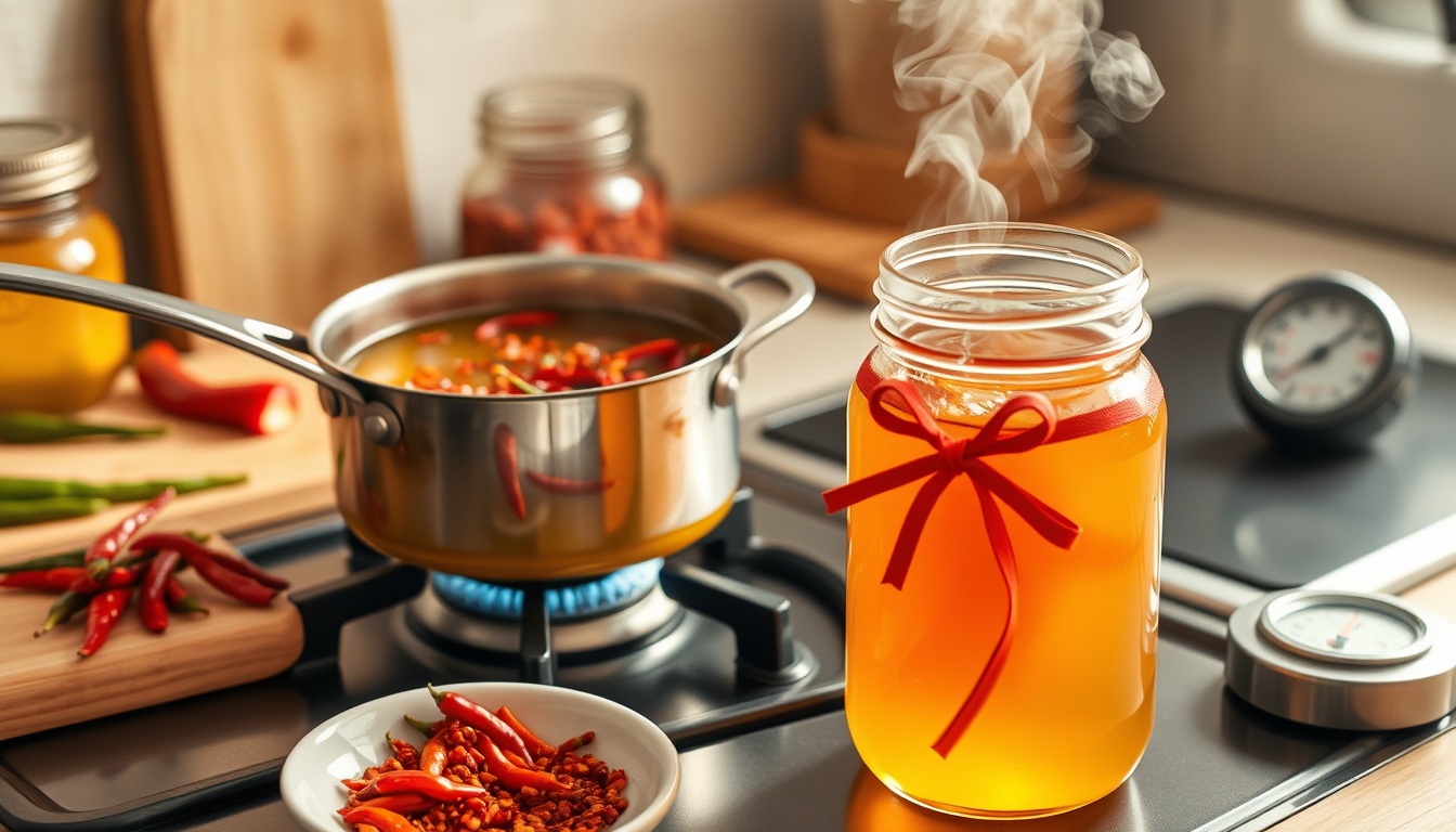 Making hot honey: golden honey with chili flakes warming, sliced peppers on cutting board, finished infused honey in jar