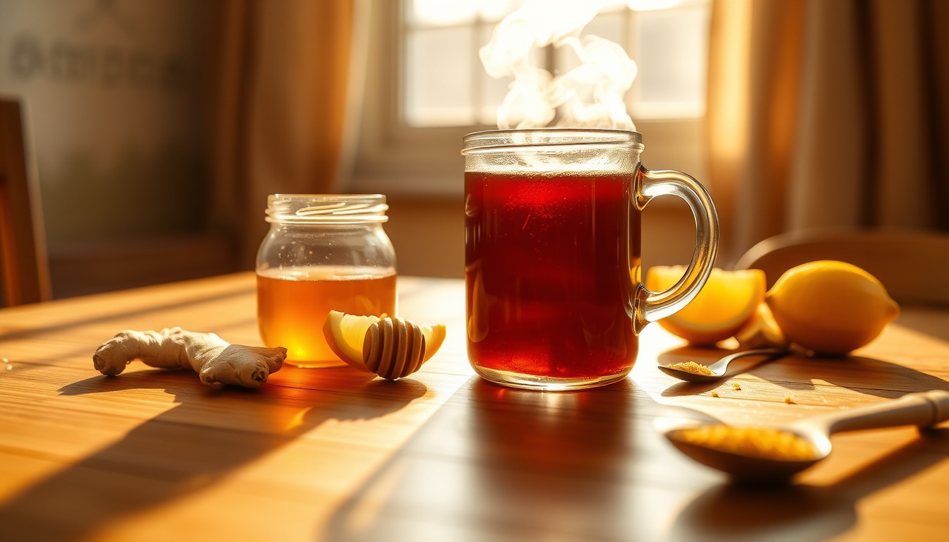 Morning immunity ritual: steaming honey-ginger-lemon tea with raw honey jar and bee pollen in warm sunlight