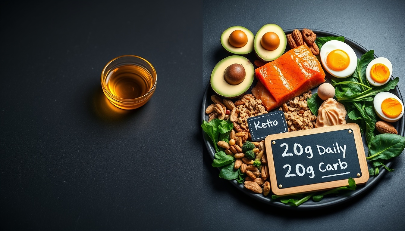 Visual comparison of honey's 17g carbs per tablespoon versus abundant keto-friendly foods like avocado, salmon, and nuts