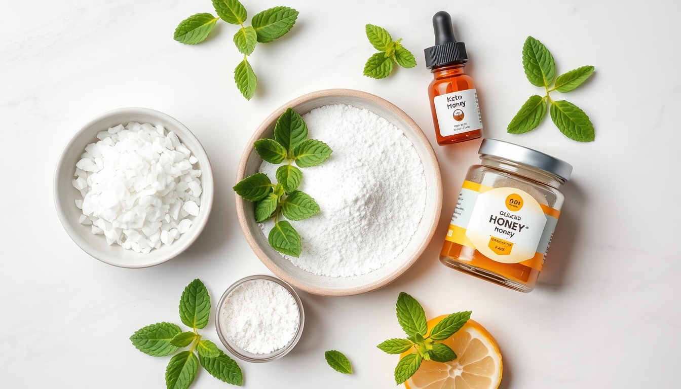 Keto-friendly sweetener alternatives: erythritol, stevia leaves and drops, monk fruit, and allulose arranged on white marble