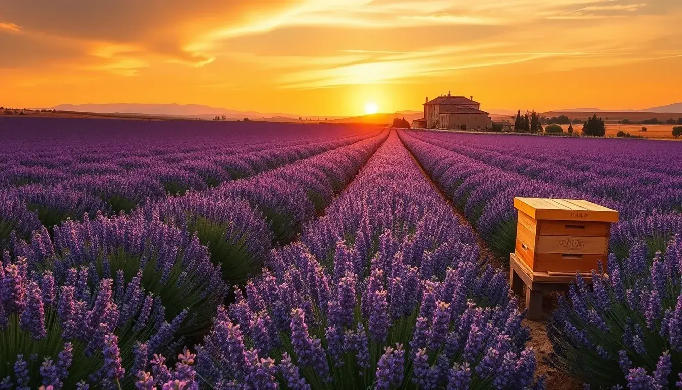 Breathtaking lavender field with traditional wooden beehives and honey bees at golden sunset in Provence