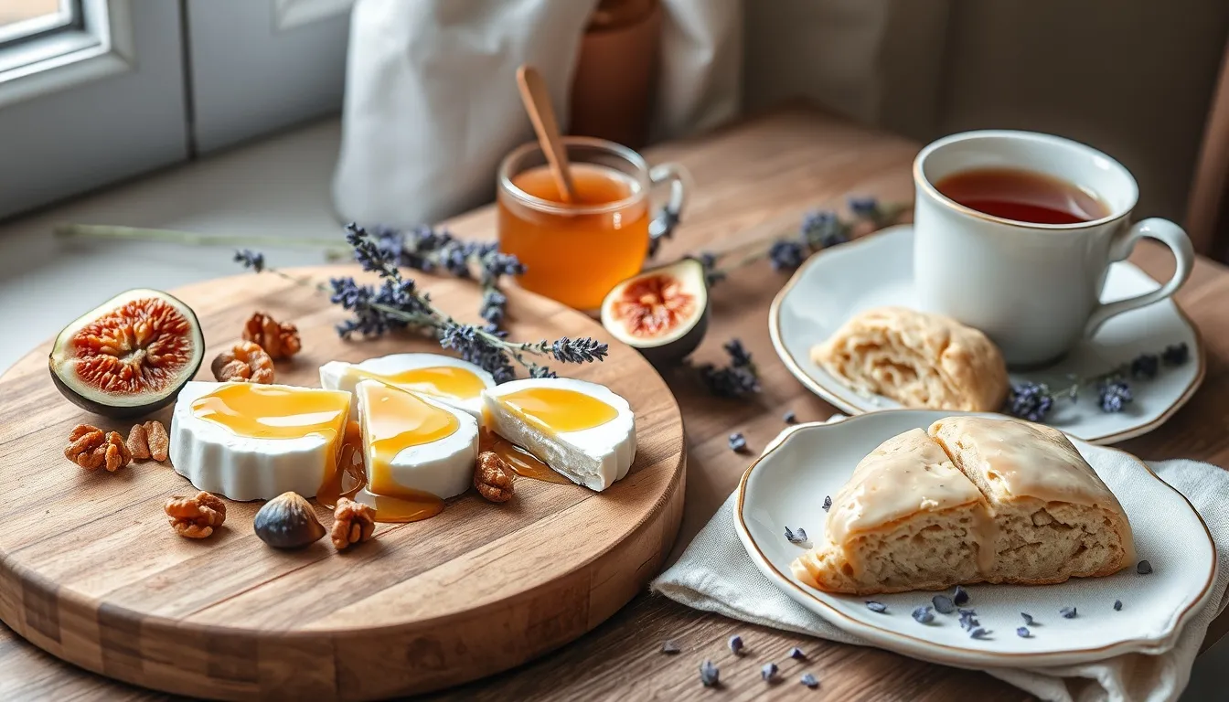 Goat cheese board drizzled with lavender honey, fresh figs, walnuts, and chamomile tea