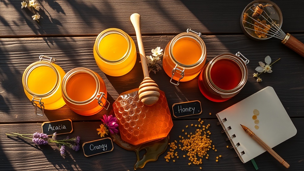 Six artisan honey varieties in glass jars arranged with fresh flowers, honeycomb, and educational materials on a wooden surface