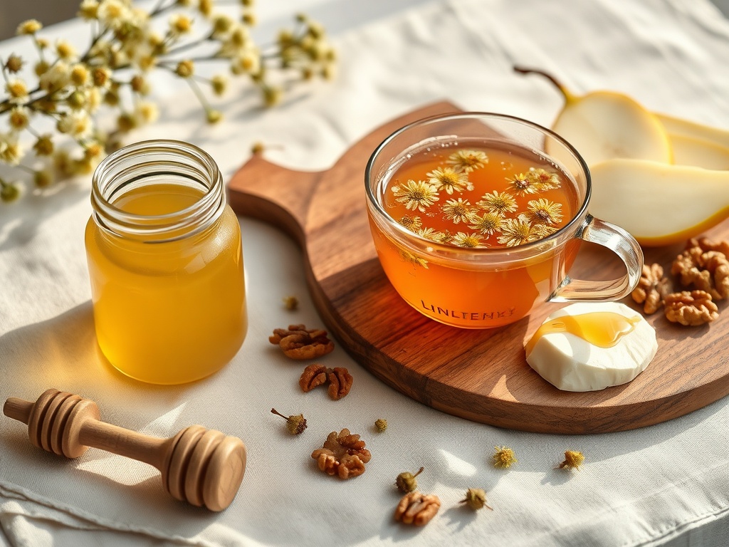 Linden honey jar with wooden dipper, linden blossom tea, and artisan cheese board