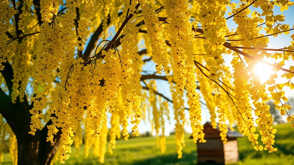 Linden tree in full summer bloom with honey bees collecting nectar from pale yellow flowers