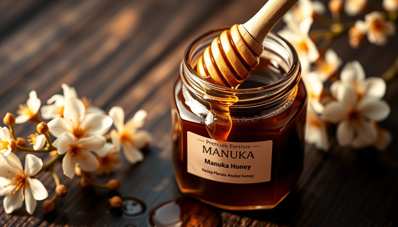 Premium dark amber Manuka honey in glass jar with native New Zealand Manuka bush flowers
