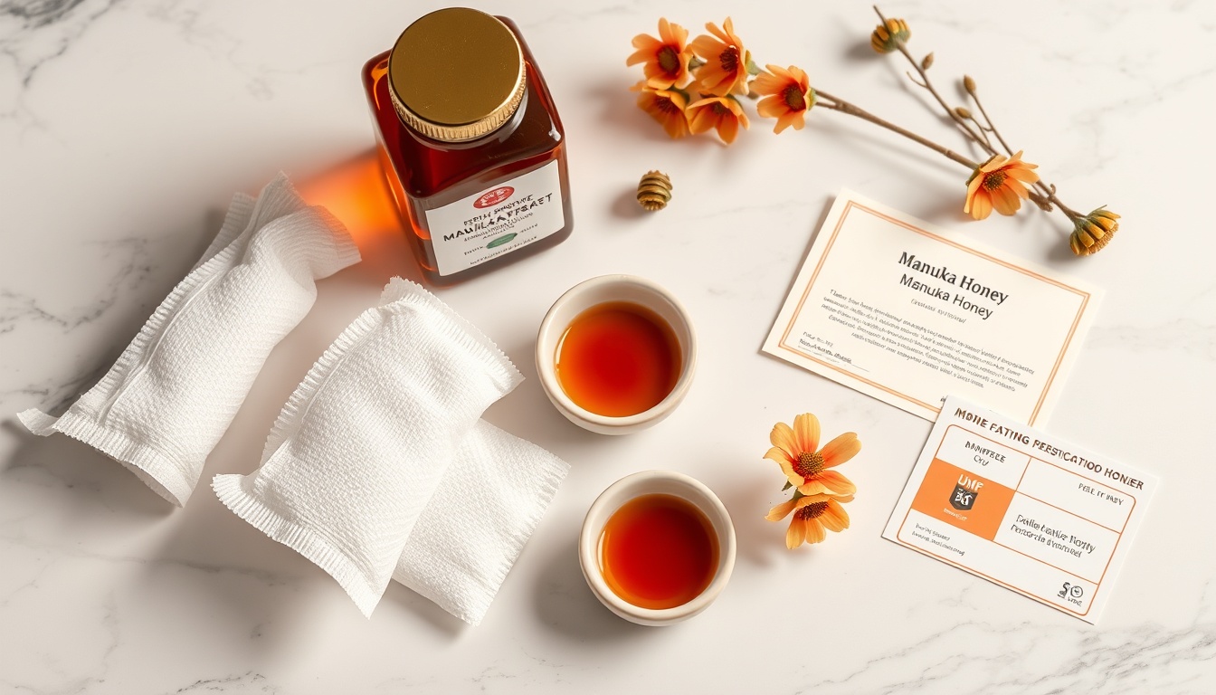 Medical-grade Manuka honey products with sterile wound care supplies and UMF certification
