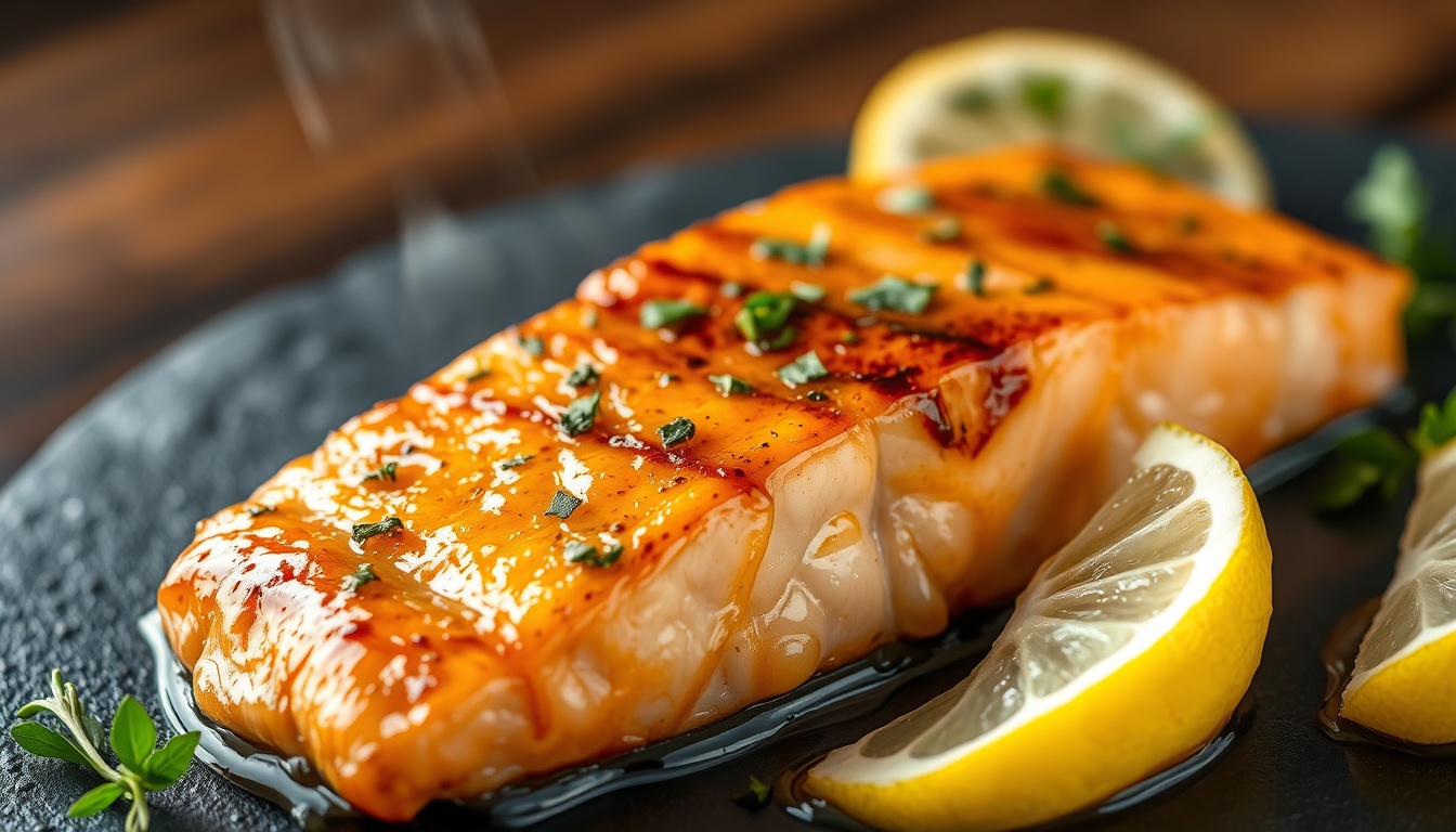 Honey-glazed grilled salmon with caramelized golden glaze and fresh herbs