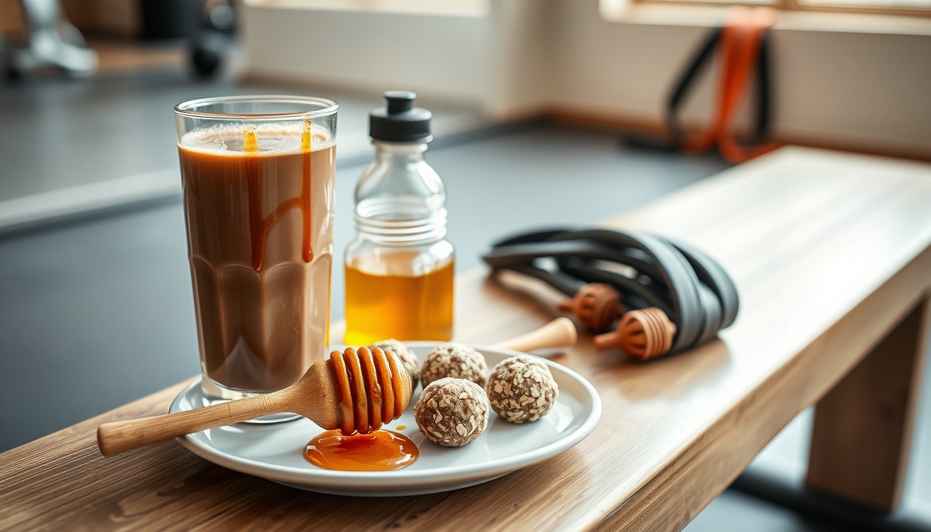 Post-workout recovery scene with honey protein shake, buckwheat honey, and energy balls