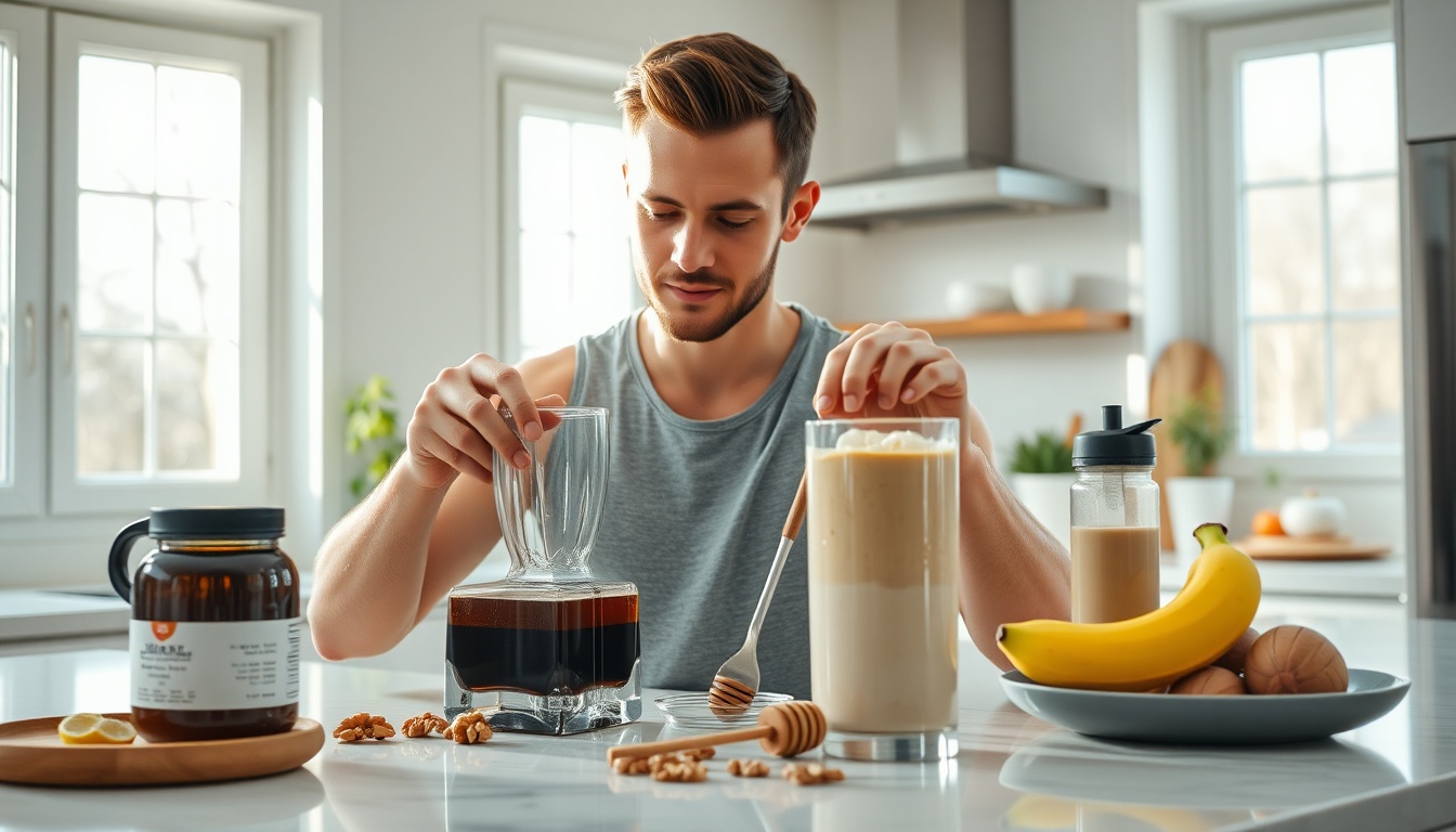 Fit man preparing a healthy honey smoothie with raw honey, banana, and yogurt in a bright modern kitchen