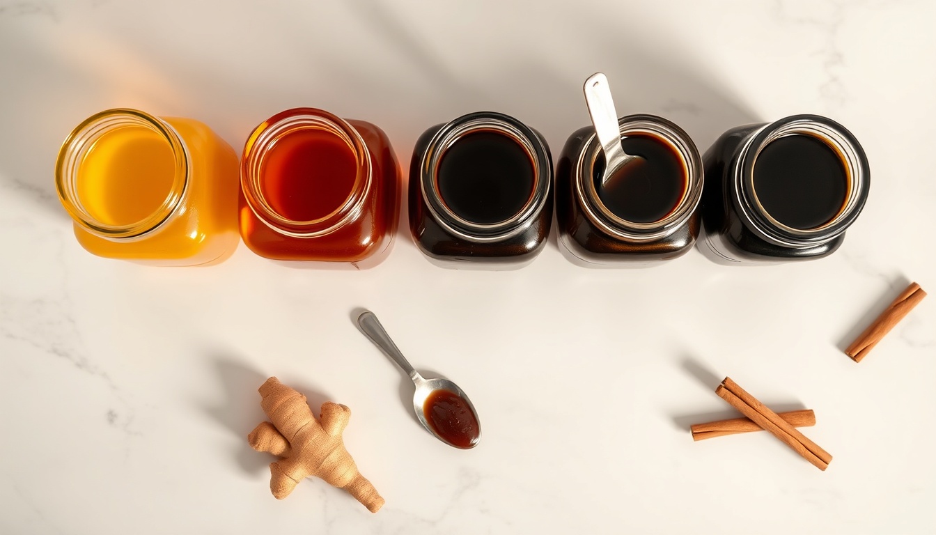 Four jars in amber-to-ebony gradient: pale raw honey, golden light molasses, dark molasses, and blackstrap molasses