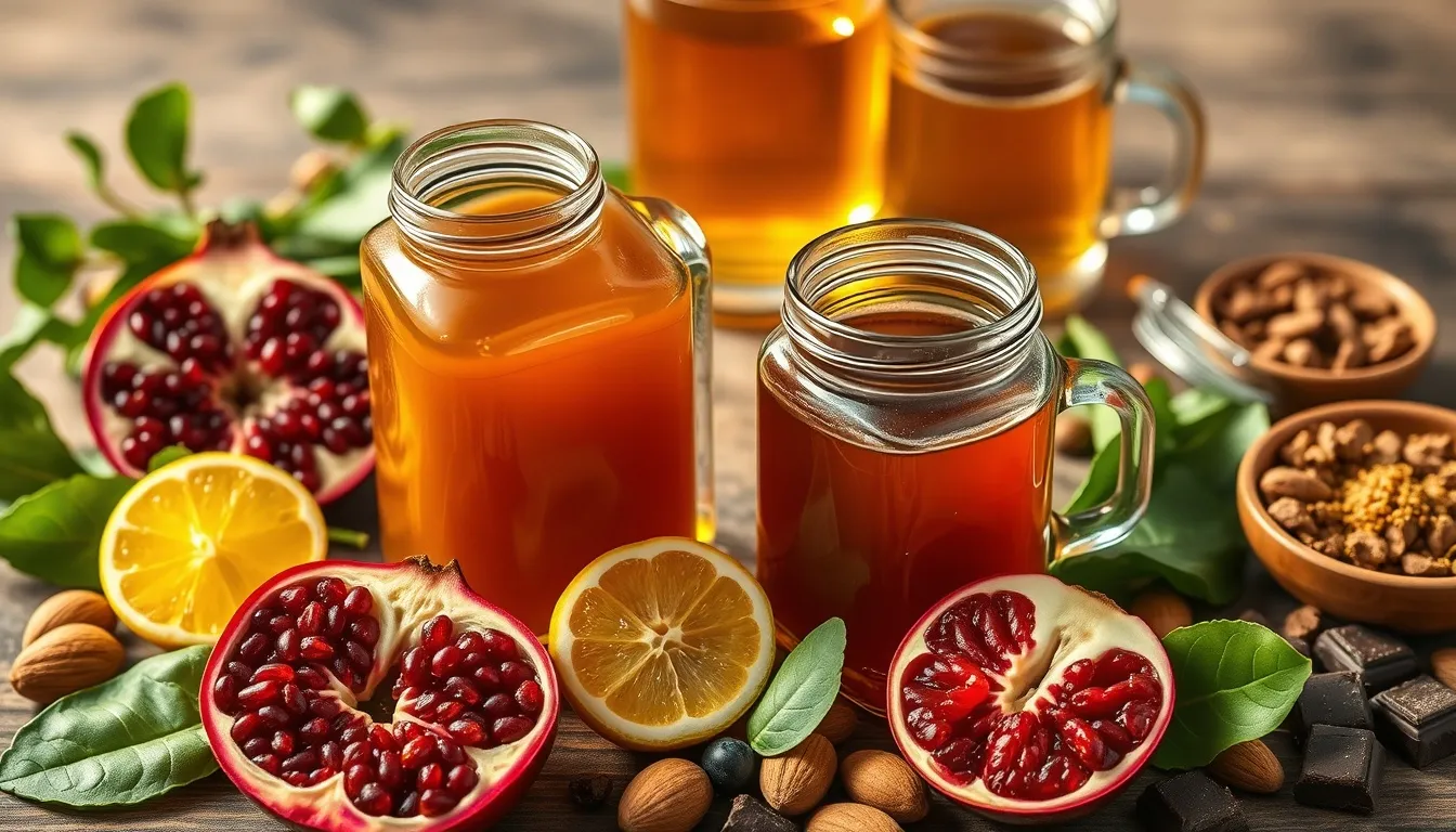 Raw honey and blackstrap molasses with mineral-rich foods — pomegranate, spinach, almonds, dark chocolate, and ginger