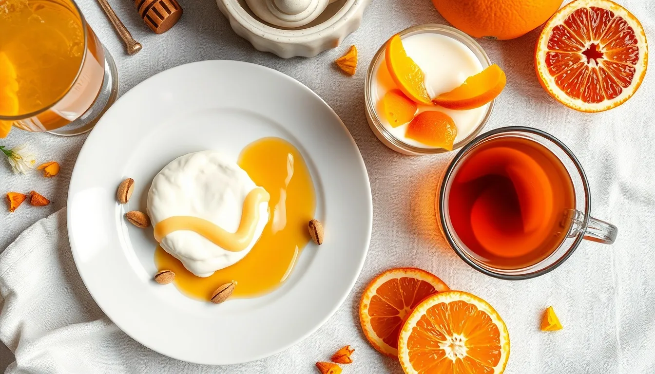 Orange blossom honey culinary applications with ricotta drizzle, citrus cocktail, yogurt parfait, and Earl Grey tea