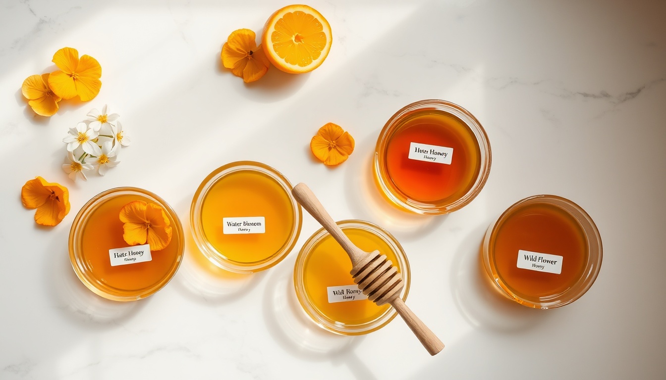 Orange blossom honey compared with other varieties in glass bowls, showing color range from pale golden to dark amber