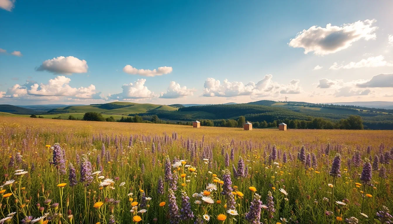 Pristine wildflower meadow with beehives and untouched forest in the distance