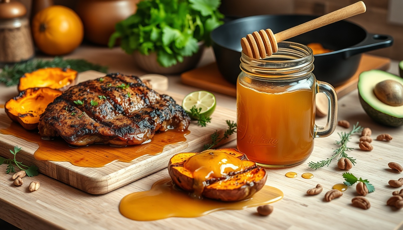 Paleo kitchen scene with honey-glazed grilled meat, roasted sweet potatoes, and raw honey in a mason jar