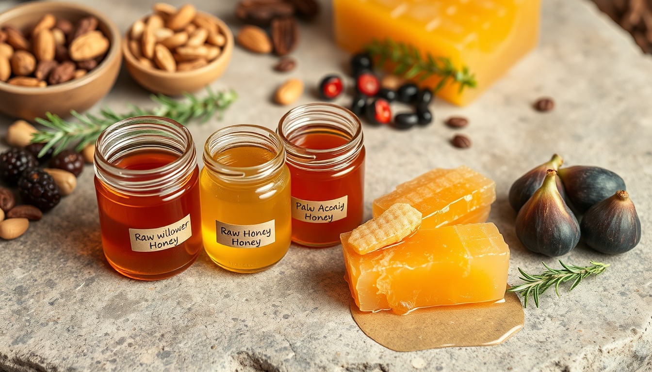 Paleo-friendly raw honey varieties in glass jars on stone slab with nuts, berries, and dried figs