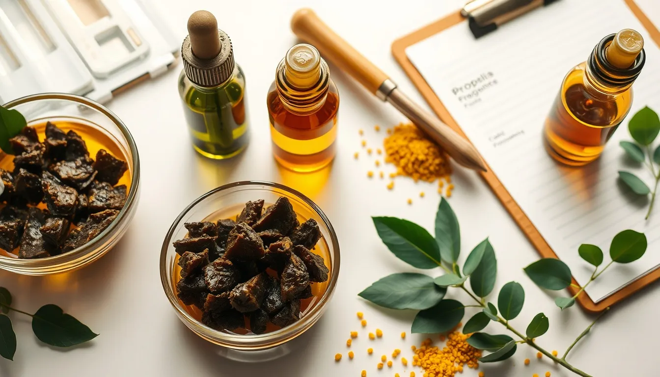 Propolis health research with raw propolis, tincture, mortar and pestle, and eucalyptus on laboratory surface