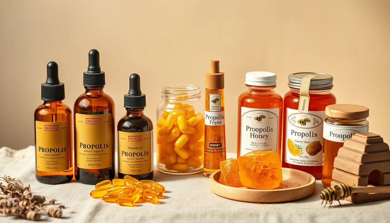 Various propolis delivery formats including tincture, capsules, throat spray, skin salve, and propolis-infused honey