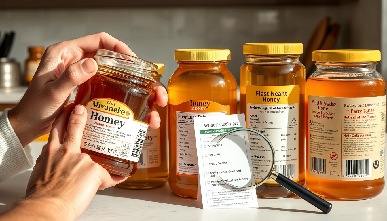 Consumer examining honey jar labels with magnifying glass comparing artisan and mass-market honey products
