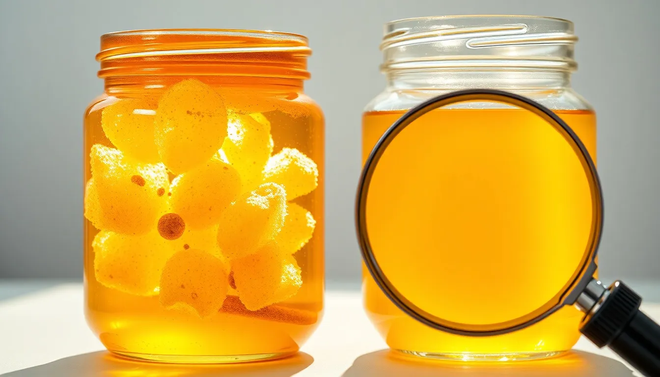 Macro comparison: cloudy raw honey with visible pollen beside crystal-clear processed honey, backlit showing texture