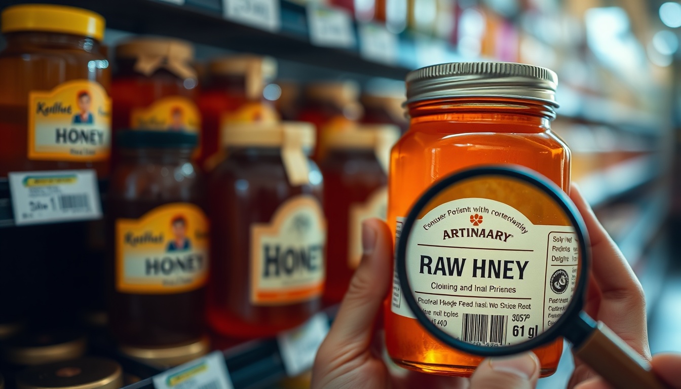 Reading honey jar labels with magnifying glass at grocery store