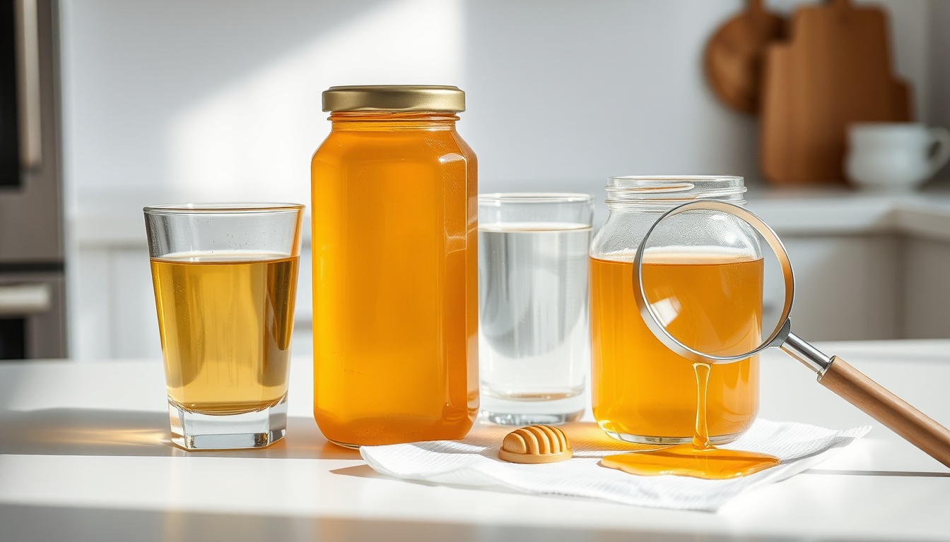 Honey authenticity testing at home with genuine and fake honey jars, water test, and magnifying glass