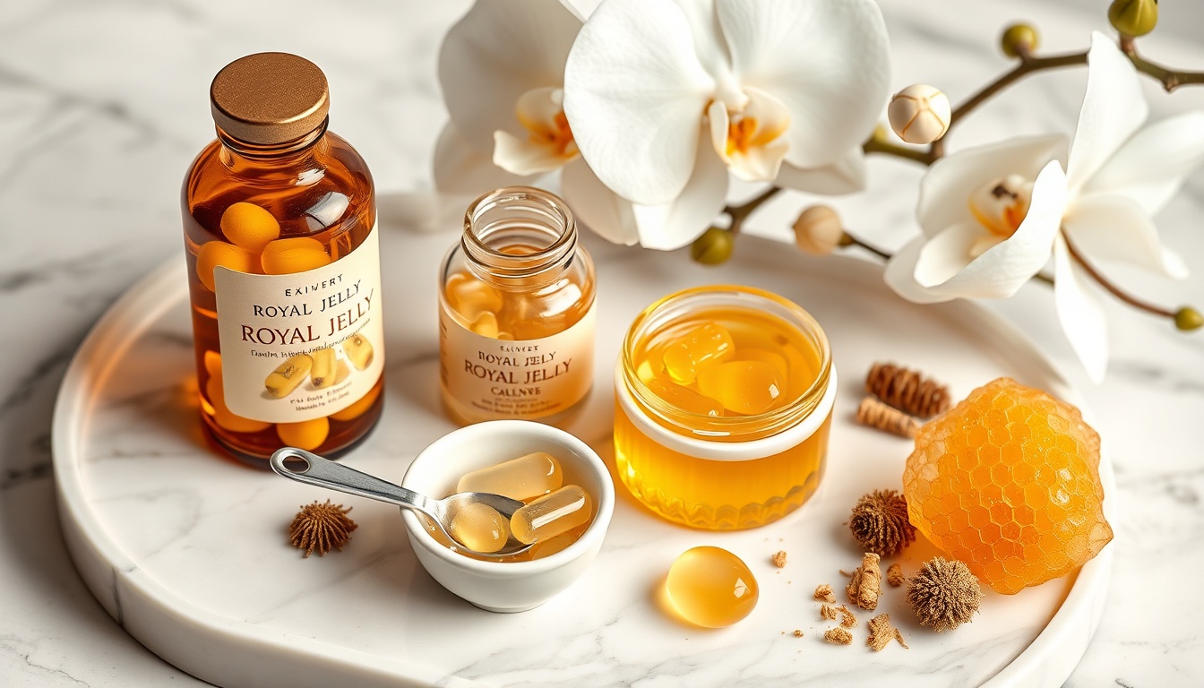 Royal jelly products: glass ampules, capsules, face cream, and fresh pearlescent royal jelly on marble tray
