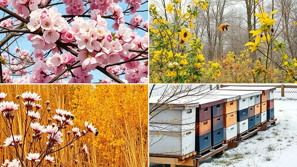 Four seasons of beekeeping showing spring blossoms, summer abundance, fall colors, and winter
