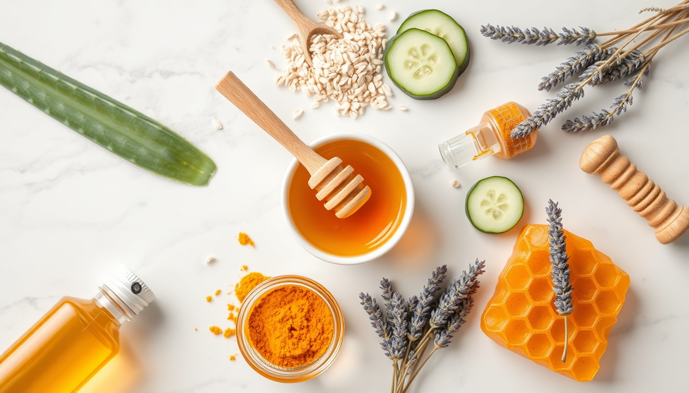 Natural honey skincare ingredients flat lay with honey, aloe vera, oatmeal, and lavender