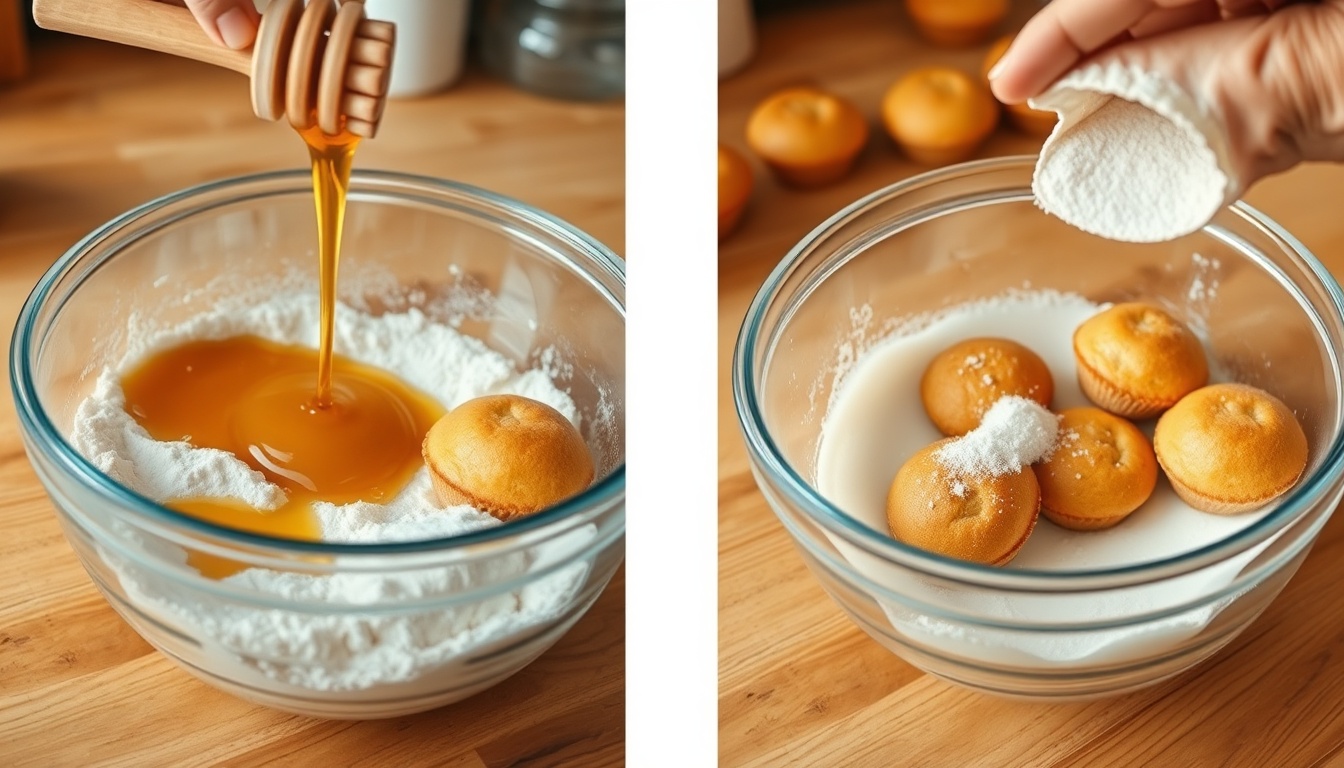 Side-by-side baking comparison: honey drizzled into mixing bowl producing golden muffins versus stevia powder with bulking agents