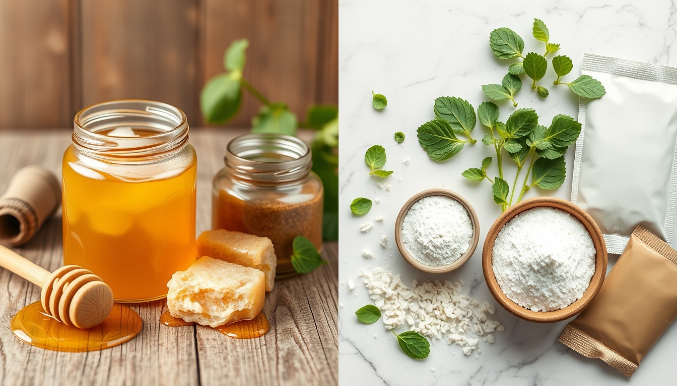 Processing comparison: raw honey with honeycomb showing minimal processing versus stevia leaves, dried leaves, and refined white powder